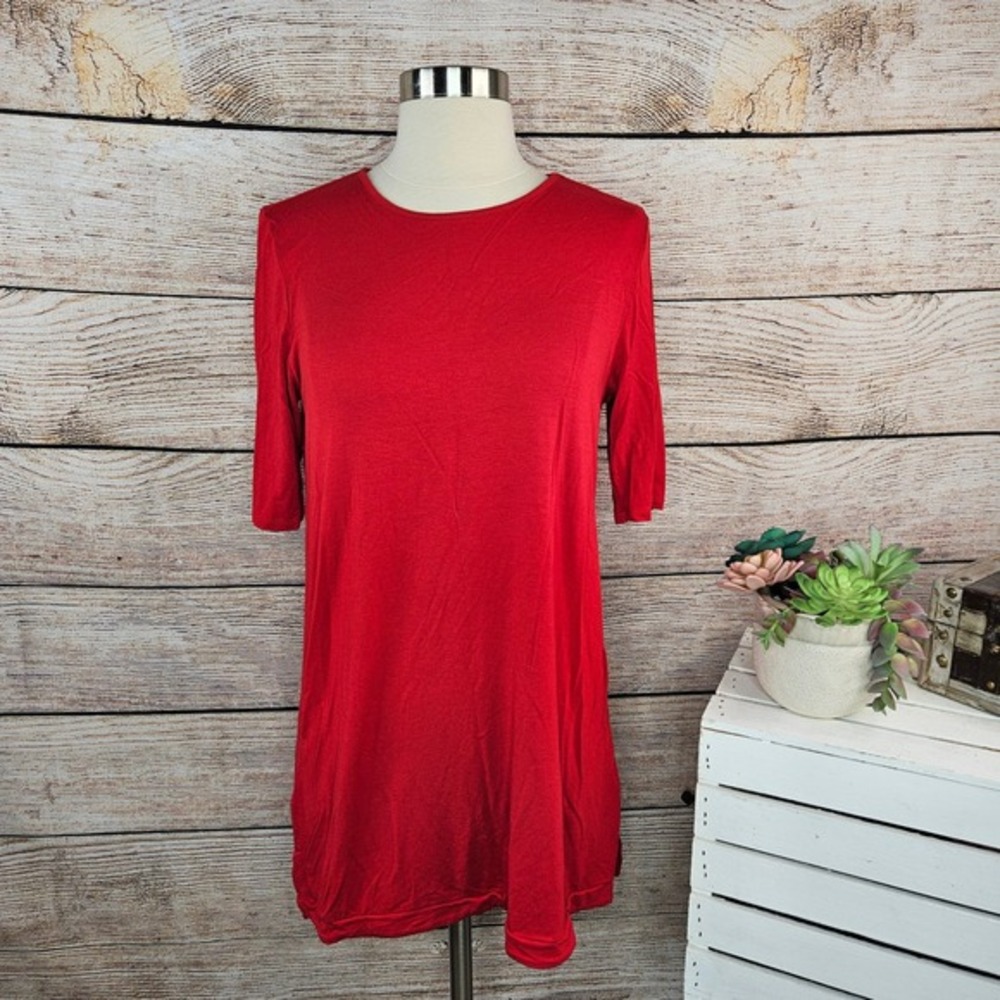 J. Jill Wearever Collection Red‎ Knit Tunic Top Elbow Sleeve Side Slit
